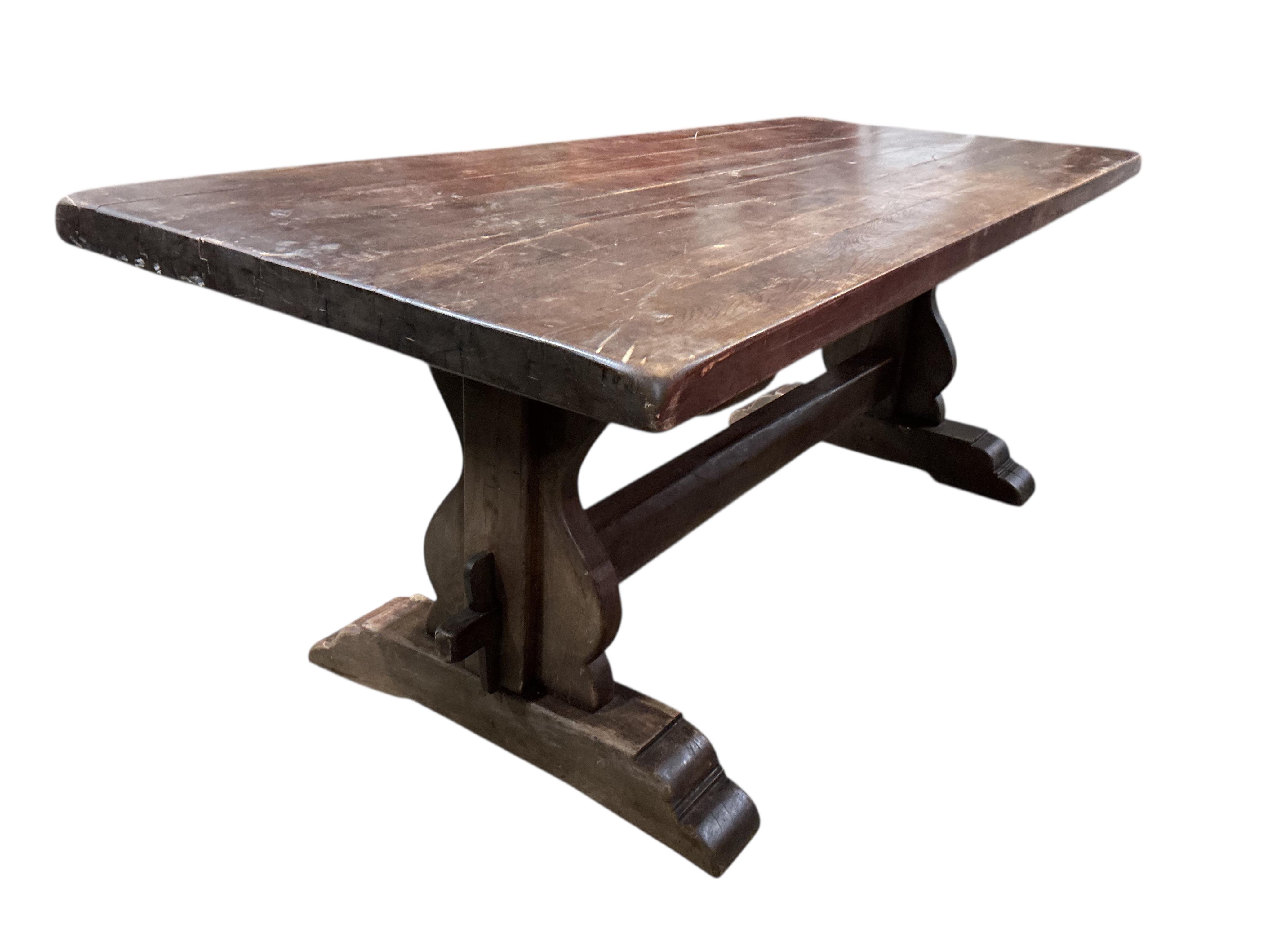 An 18th century style rectangular oak refectory dining table, width 214cm, depth 88cm, height 76cm